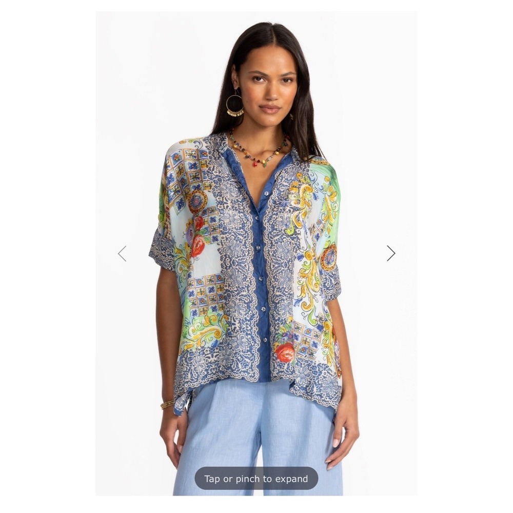 Johnny Was SHIRO Silk BUTTONED‎ DOWN SHIRT Size M Vacation Tropical